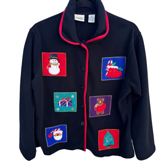 Classic Elements Jackets & Blazers - Classic Elements Holiday Fleece Festive Appliques Red Trim Embroidered Jacket M